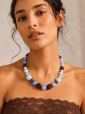 Vintage Pastel Beaded Chunky Boho Necklace Brown Blue Mint